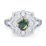 Vintage Style Oval Natural Green Moss Agate Flower Ring 925 Sterling Silver