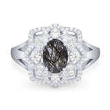 Vintage Style Oval Natural Rutilated Quartz Flower Ring 925 Sterling Silver