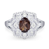 Vintage Style Oval Natural Chocolate Smoky Quartz Flower Ring 925 Sterling Silver