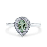 Pear Teardrop Natural Green Amethyst Prasiolite Halo Wedding Ring 925 Sterling Silver