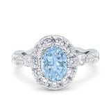 Oval Natural Aquamarine Halo CZ Art Deco Ring 925 Sterling Silver