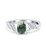 Oval Natural Green Moss Agate Leaf Split Shank Ring 925 Sterling Silver