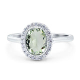 Art Deco Oval Natural Green Amethyst Prasiolite Halo CZ Wedding Ring 925 Sterling Silver