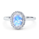 Art Deco Oval Natural Moonstone Halo CZ Wedding Ring 925 Sterling Silver