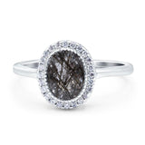Art Deco Oval Natural Rutilated Quartz Halo CZ Wedding Ring 925 Sterling Silver