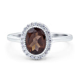 Art Deco Oval Natural Chocolate Smoky Quartz Halo CZ Wedding Ring 925 Sterling Silver