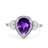 Pear Teardrop Natural Amethyst Leaf Halo Floral Ring 925 Sterling Silver