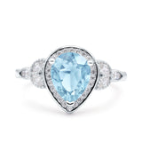Pear Teardrop Natural Aquamarine Leaf Halo Floral Ring 925 Sterling Silver