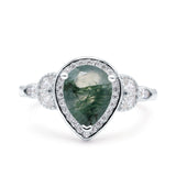 Pear Teardrop Natural Green Moss Agate Leaf Halo Floral Ring 925 Sterling Silver