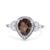 Pear Teardrop Natural Chocolate Smoky Quartz Leaf Halo Floral Ring 925 Sterling Silver