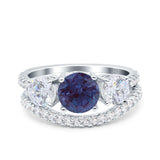 Two Piece Round Lab Alexandrite Trio Bridal Ring 925 Sterling Silver