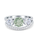 Two Piece Round Natural Green Amethyst Prasiolite Trio Bridal Ring 925 Sterling Silver