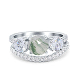 Two Piece Round Natural Green Moss Agate Trio Bridal Ring 925 Sterling Silver
