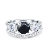 Two Piece Round Natural Black Onyx Trio Bridal Ring 925 Sterling Silver