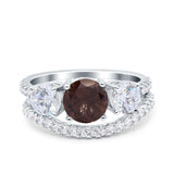Two Piece Round Natural Chocolate Smoky Quartz Trio Bridal Ring 925 Sterling Silver