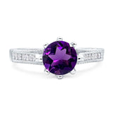 Art Deco Round Natural Amethyst Cathedral Ring 925 Sterling Silver