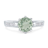 Art Deco Round Natural Green Amethyst Prasiolite Cathedral Ring 925 Sterling Silver