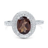 Oval Natural Chocolate Smoky Quartz Double Halo CZ Ring 925 Sterling Silver