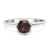 Round Natural Chocolate Smoky Quartz Solitaire Flower Ring 925 Sterling Silver