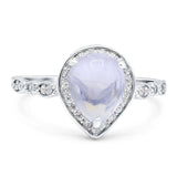 Pear Teardrop Natural Moonstone Halo Wedding Ring 925 Sterling Silver