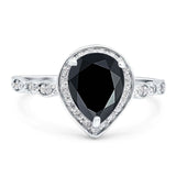 Pear Teardrop Natural Black Onyx Halo Wedding Ring 925 Sterling Silver