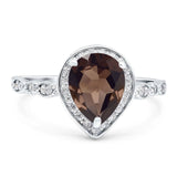 Pear Teardrop Natural Chocolate Smoky Quartz Halo Wedding Ring 925 Sterling Silver