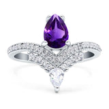 Art Deco Pear Teardrop Natural Amethyst Chevron Ring 925 Sterling Silver