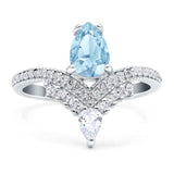 Art Deco Pear Teardrop Natural Aquamarine Chevron Ring 925 Sterling Silver
