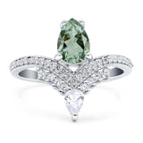 Art Deco Pear Teardrop Natural Green Amethyst Prasiolite Chevron Ring 925 Sterling Silver