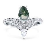Art Deco Pear Teardrop Natural Green Moss Agate Chevron Ring 925 Sterling Silver
