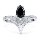Art Deco Pear Teardrop Natural Black Onyx Chevron Ring 925 Sterling Silver