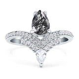 Art Deco Pear Teardrop Natural Rutilated Quartz Chevron Ring 925 Sterling Silver