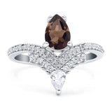 Art Deco Pear Teardrop Natural Chocolate Smoky Quartz Chevron Ring 925 Sterling Silver