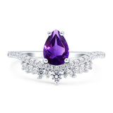Art Deco Pear Teardrop Natural Amethyst Cocktail Ring 925 Sterling Silver