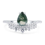 Art Deco Pear Teardrop Natural Green Moss Agate Cocktail Ring 925 Sterling Silver