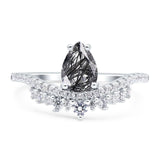 Art Deco Pear Teardrop Natural Rutilated Quartz Cocktail Ring 925 Sterling Silver