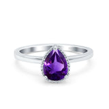 Pear Teardrop Natural Amethyst Solitaire Ring 925 Sterling Silver