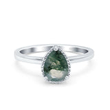 Pear Teardrop Natural Green Moss Agate Solitaire Ring 925 Sterling Silver