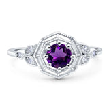 Hexagonal Shaped Round Natural Amethyst Beaded Ring 925 Sterling Silver