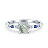 Minimalist Round Natural Green Moss Agate Vintage Style Art Deco Ring 925 Sterling Silver