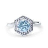 Vintage Style Round Natural Aquamarine Hexagonal Ring 925 Sterling Silver