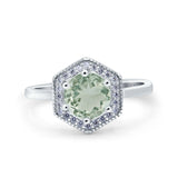 Vintage Style Round Natural Green Amethyst Prasiolite Hexagonal Ring 925 Sterling Silver