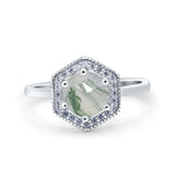Vintage Style Round Natural Green Moss Agate Hexagonal Ring 925 Sterling Silver