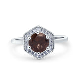 Vintage Style Round Natural Chocolate Smoky Quartz Hexagonal Ring 925 Sterling Silver