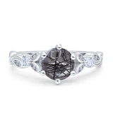 Round Natural Rutilated Quartz Leaf Vintage Style Ring 925 Sterling Silver