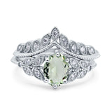 Vintage Oval Natural Green Amethyst Prasiolite Leaf Style Chevron Two Piece Ring 925 Sterling Silver