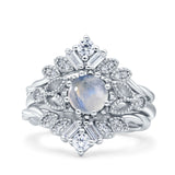 Three Piece Round Natural Moonstone Leaf Style Beaded Bridal Ring 925 Sterling Silver