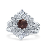 Three Piece Round Natural Chocolate Smoky Quartz Leaf Style Beaded Bridal Ring 925 Sterling Silver