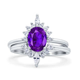 Two Piece Oval Natural Amethyst Ring Curved Contour Band 925 Sterlig Silver