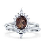 Two Piece Oval Natural Chocolate Smoky Quartz Ring Curved Contour Band 925 Sterlig Silver